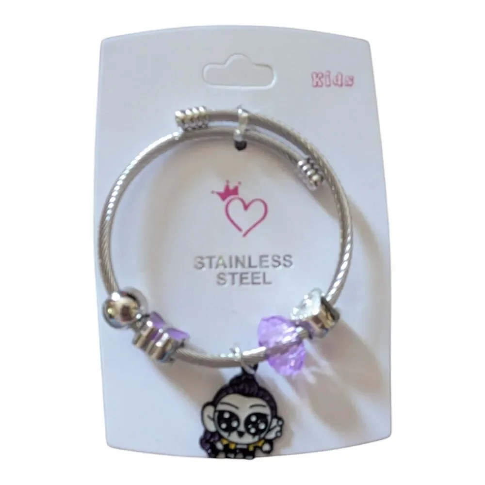 Kids Stainless Steel Charm Bracelet Purple Beads Pandora Style New